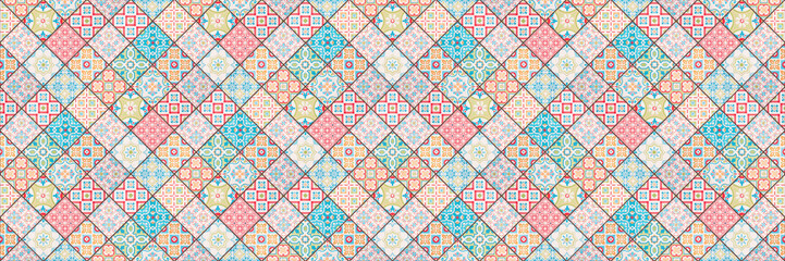 Old colorful seamless flowers leaves vintage geometric shabby mosaic ornate patchwork motif...