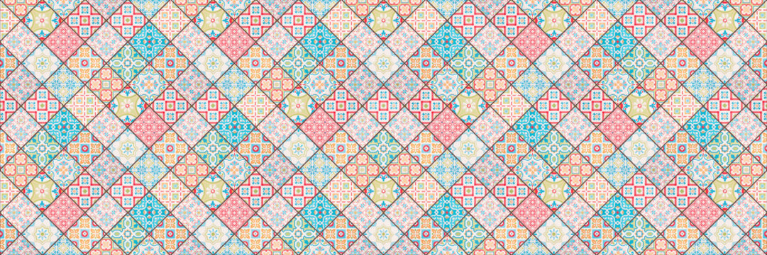 Old colorful seamless flowers leaves vintage geometric shabby mosaic ornate patchwork motif porcelain stoneware tiles, square mosaic stone concrete cement tile mirror wall texture background panorama.