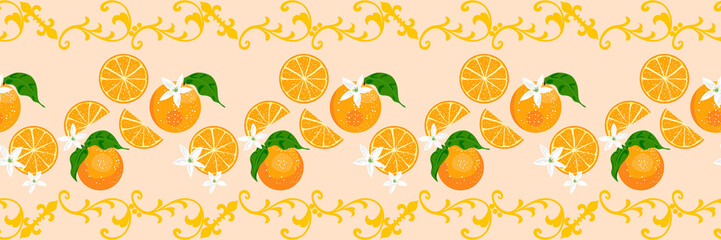 Orange fruit vector seamless pattern design, background, citrus fruits leaves, flowers horizontal ornamental border - obrazy, fototapety, plakaty