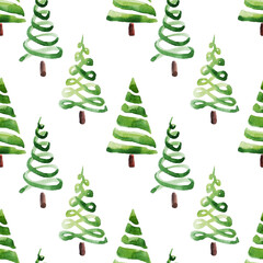 Seamless pattern with Christmas tree for winter holidays design, watercolor illustration