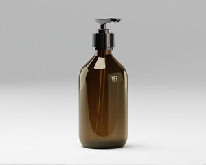 Minimalistisches Mockup einer braunen Glasflasche für Kosmetikprodukte und Medizin mit Pumpverschluss und Pumpe. Flasche steht isoliert auf einfarbigem Hintergrund.