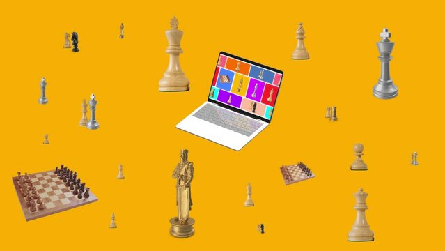 Multiproducts in laptop  4k 60 fps animation. Use for e-commerce, shopping and digital ads campaings. 
E-commerce products that revolve around the laptop. Chess, king, rook, queen, elephant, pawn