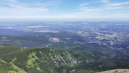 Fototapeta premium Aerial photography of Krkonose mountain range in Czechia, including the Snezka mountain