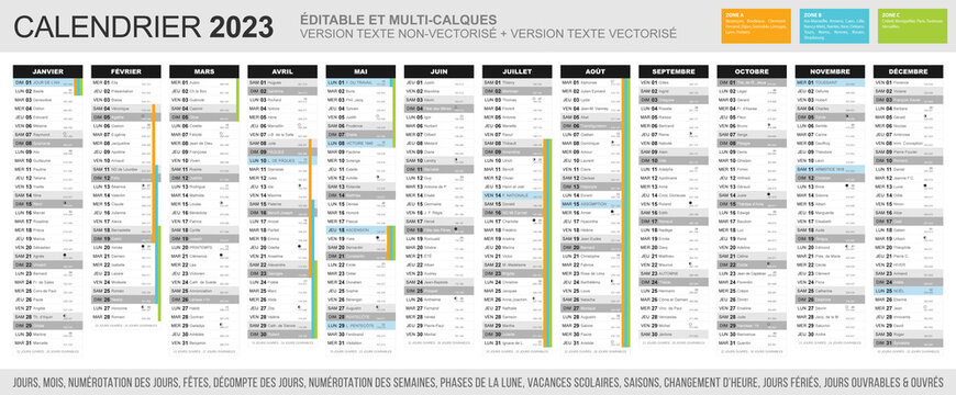 Calendrier 2023 avec jours fériés en France et numéro des semaines