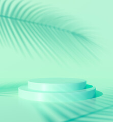 3d rendering of light light green winners podium with palm leaf shades on background for presentation with copy space	