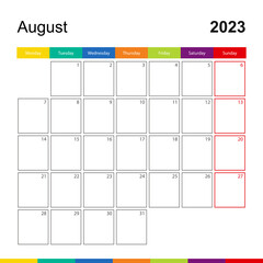 August 2023 colorful wall calendar, week starts on Monday.
