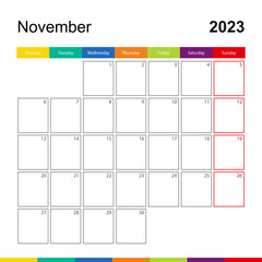 November 2023 colorful wall calendar, week starts on Monday.