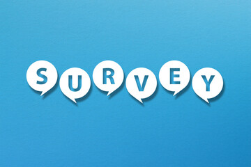 Survey message in speech bubbles on blue background