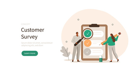 Feedback and survey. Characters filling survey form and putting check marks on checklist. User experience concept. Vector illustration.