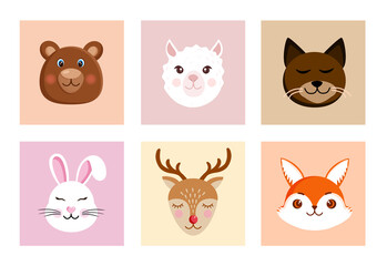 Fototapeta premium Cute animal portraits - bear, llama, alpaca, cat, hare, deer and fox. Cartoon set of vector illustrations of muzzles. Design for baby clothes, cards, posters, textiles, prints, patterns and more.