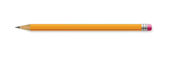 Yellow wooden pencil with rubber eraser. Realistic pencil mockup.