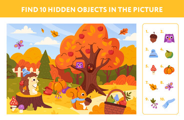 Educational game for childrens. Beautiful autumn landscape with hidden objects. Search for elements, animals and harvest in forest. Thanksgiving holiday. Cartoon modern flat vector illustration