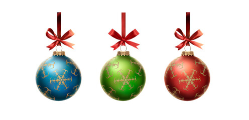 Blue, green and red Christmas bauble tree decorations isolated against a white background.