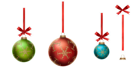 Blue, green and red Christmas bauble tree decorations with other design elements isolated against a...