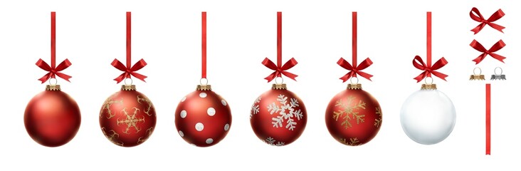 Red Christmas bauble tree decorations with other design elements isolated against a white...