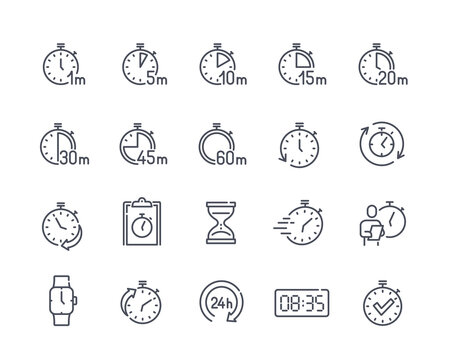 Set of timers simple line icons. Stickers with clock, smart watch, hurry time and hourglass. Design elements for apps and social media. Cartoon flat vector collection isolated on white background