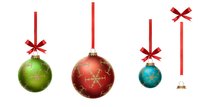 Blue, green and red Christmas bauble tree decorations with other design elements isolated against a white background.