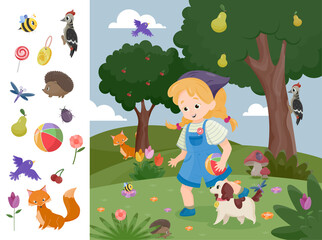 Educational game for children. Little girl looking for hidden objects in forest. Entertainment for kids. Preschooler finds animals and plants. Design element for book. Cartoon flat vector illustration