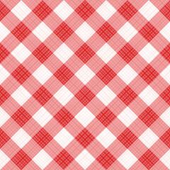 Seamless red gingham fabric cloth, tablecloth, pattern, swatch, background, or wallpaper with fabric texture visible. Single tile here.

