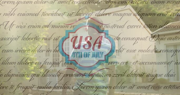 Independence day text banner and constitution text against portrait of african american boy smiling