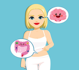Woman with comic balloon showing central nervous system in human body and large intestine. Signals from brain to digestive tract. Colon, bowel and cerebrum flat vector illustration