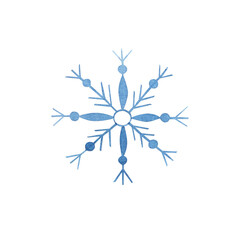 Blue snowflake isolated on white background. Watercolor hand drawn winter illustration. Art for cards, invitation