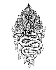 Snake and triple moon phases. Sacred geometry, celestial pagan Wiccan goddess symbol. Magic wicca witch sign, energy circle, boho style, vector isolated on white background