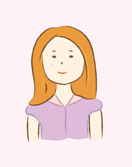 Young smiling female with brown long hairstyle in vector flat illustration