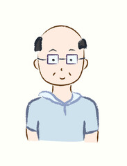 Middle age bald man with glass avatar in vector flat illustration