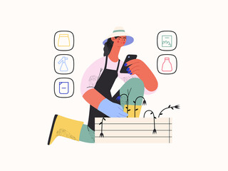 Shop now - Online shopping and electronic commerce series - modern flat vector concept illustration of a woman gardening and shopping online. Promotion, discounts, sale and online orders concept