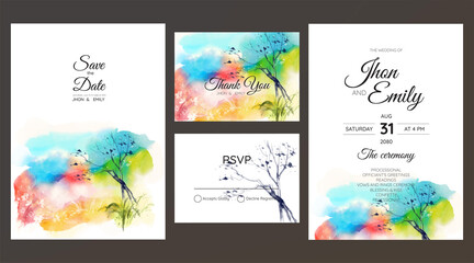 wedding invitation with mountain view watercolor background	