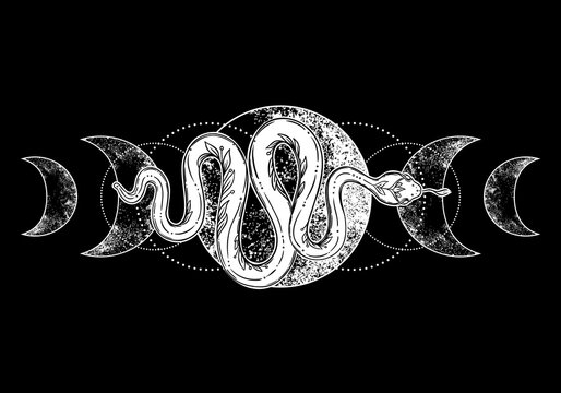 Snake and triple moon phases. Sacred geometry, celestial pagan Wiccan goddess symbol. Magic wicca witch sign, energy circle, boho style, vector isolated on white background