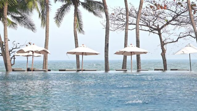 A row of Umbrellas and chairs around swimming pool in hotel in shade of exotic Palm trees with a view on endless sea - Holiday Vacation concept