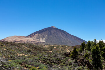 Plakat Panoramic view on volcano Pico del Teide and Montana Blanca, Mount El Teide National Park, Tenerife, Canary Islands, Spain, Europe. Hiking trail to La Fortaleza from El Portillo. Barren desert terrain