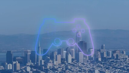 Animation of gaming pad over cityscape - Powered by Adobe