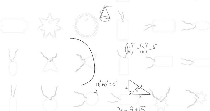 Animation of math graps and data over white background