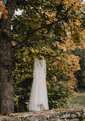 White wedding dress hanging front shot