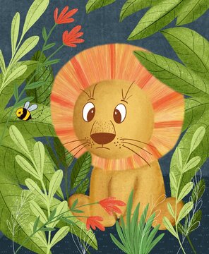 Hand drawn jpg illustration of lion and bee. Colorful background. Poster design with animal. Decorative cute backdrop, good for printing for home decor and nursery wall art.