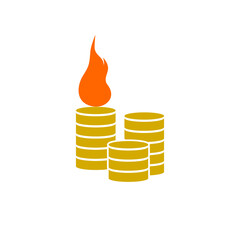 Money and fire icon. Worthless money and inflation logo isolated on white background