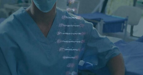 Animation of dna rotating over caucasian female surgeon in face mask - Powered by Adobe