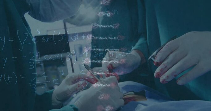 Animation of dna rotating over hands of diverse surgeons during operation