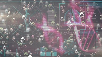 Animation of icons in face masks over dna and biological data on digital screen - Powered by Adobe