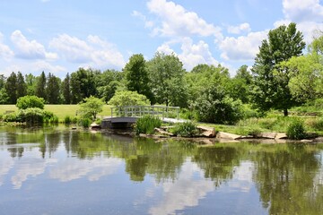 Fototapeta na wymiar The wood bridge over the pond in the countryside.