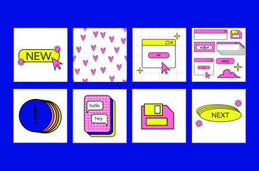 Old pc window set. 1990 vibe. Old computer aesthetic. Icons and seamless patterns.Retro pc