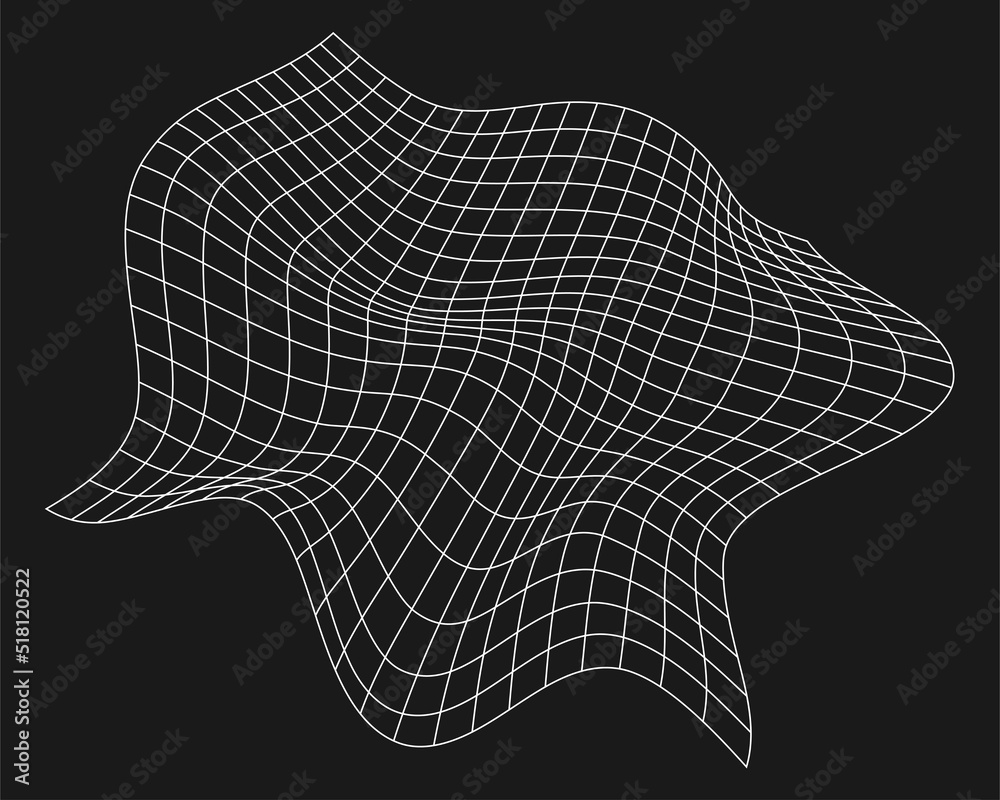 Wall mural cyber distorted grid, retro punk design element. wireframe wave geometry grid on black background. v