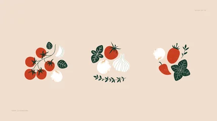Fotobehang Tomato and basil with mozzarella cheese balls. Food collection. Vector illustration © Maria