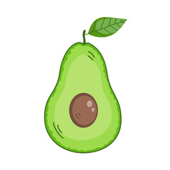 Green ripe avocado fruit with leaf. Sliced half with pulp. Healthy diet food. Culinary ingredient. Cooking food. Flat vector illustration isolated on white background
