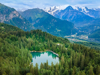 View of Mont Blanc and Lac Vert in Alps mountains near Chamonix, France. Summer French alpine...