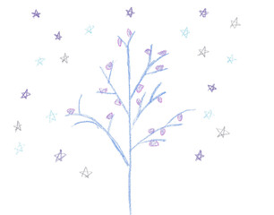 Christmas tree. Winter mood. Children's drawing in blue color with crayons Scrap paper sheet for cards, gifts.