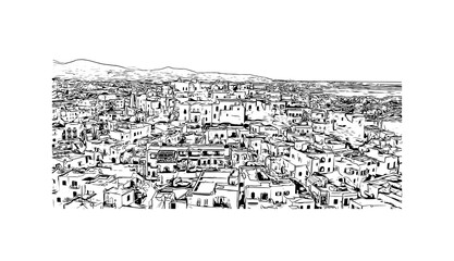 Building view with landmark of Naxos is the 
city in Greece. Hand drawn sketch illustration in vector.